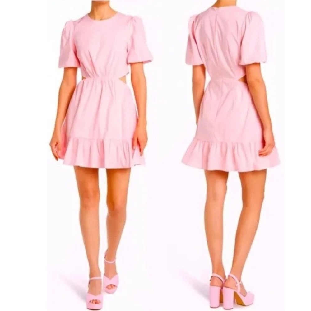 WAYF Pink Puff Sleeve Cutout Ruffle Hem Mini Dress | Size XS | NWT